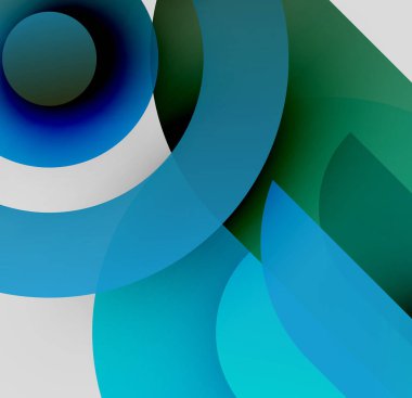 Üst üste binen daireler, gradyanlar içeren soyut kompozisyon. Maviler ve yeşiller tasarıma hükmediyor, akışkan görsel deneyim yaratıyor.