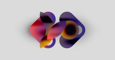 Soyut renkli şekiller örtüşür, dinamik bileşim yaratır. Yumuşak eğimler akıcılığı, ışık etkileşimini gösterir. Minimalist tasarım, modern estetik.