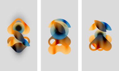 Soyut sanat eserleri. Üç panelde bulanık turuncu ve mavi şekiller var. Yumuşak eğimler akış biçimleri yaratır, minimalist estetik..