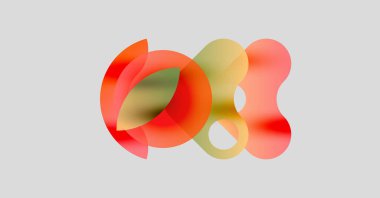 Soyut şekiller örtüşür, canlı renk karışımları yaratır. Yumuşak eğimler akıcılığı, sıcaklığı ve modern tasarımı akla getiriyor..