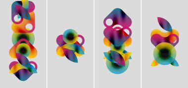 Soyut renkli şekiller örtüşür, dinamik kompozisyonlar oluşturur. Dört panelde varyasyonlar, gradyanlar ve pürüzsüz geçişler görülüyor. Modern tasarım elementleri görsel uyum sunar.