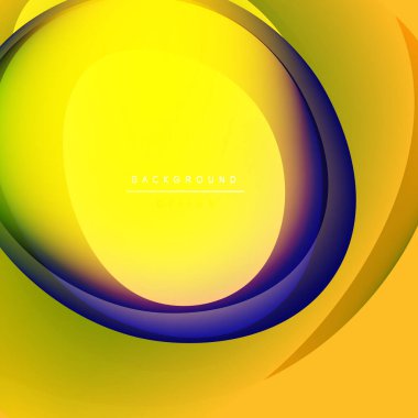 Parlak sarı, mor katmanlar soyut dairesel tasarım yaratır. Yumuşak gradyanlar modern görsel cazibe sunar. Arkaplan metni arkaplan tasarımı okur.