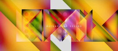 Soyut geometrik bileşim. Canlı renkler harmanlanarak, dinamik görsel efekt yaratır. Şekiller çakışıyor, modern tasarımı oluşturuyor.