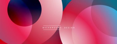 Soyut çemberler çakışıyor, canlı gradyanlar yaratıyor. Kırmızı, mavi renkler tasarıma egemen, modern estetik. Mevcut en küçük metin.