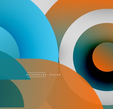 Soyut tasarım özellikleri üst üste binen daireler, kıvrımlar. Renkler arasında mavi, turuncu, kahverengi, beyaz yer alıyor. Modern estetik, basit şekiller sunar.