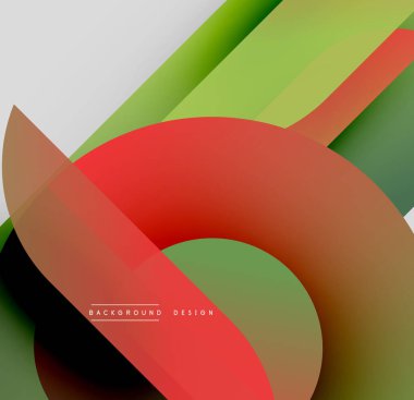 Soyut geometrik şekiller çakışıyor. Kırmızı, yeşil, kahverengi renkler kompozisyona hakim. Modern tasarım elementleri görsel ilgi yaratır.