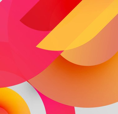 Soyut şekiller örtüşüyor, canlı renk değişimleri yaratıyor. Pembe, turuncu, sarı renkler kompozisyona hakim. Minimalist tasarım, modern estetik.