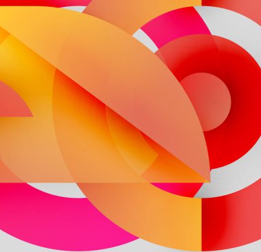 Soyut kompozisyon. Üst üste binen renkli kavisler, daireler dinamik görsel efektler yaratır. Sıcak tonlar tasarıma hakim..