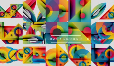 Geometrik desenler, canlı renkler, soyut şekiller dinamik arkaplan tasarımı yaratır. Modern estetik, cesur kompozisyon.
