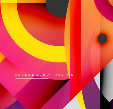 Soyut geometrik tasarım. Canlı renkler harmanlanır, dinamik bileşim yaratır. Şekiller çakışıyor, modern görsel deneyimi oluşturuyor..