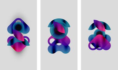 Soyut sanat. Üç panelde renkli, dalgalı şekiller var. Gradyan renkler mor, mavi ve pembe renkleri harmanlıyor. Modern tasarım.