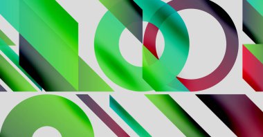 Üst üste binen geometrik şekilleri içeren soyut bileşim. Gradyanlar yeşilden kırmızıya kayarak, dinamik görsel efekt yaratır. Minimalist tasarım.