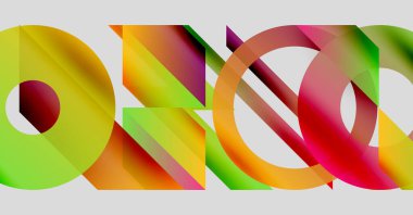 Soyut renkli şekiller örtüşür, dinamik görsel kompozisyon yaratır. Parlak eğimler, hareket ve derinlik olduğunu gösteriyor. Modern tasarım ögesi.