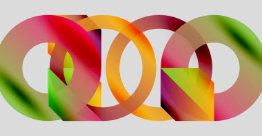 Birbirine kenetlenmiş renkli halkalar soyut tasarım yaratır. Gradyan gölgeler harmanlanır, dinamik görsel kompozisyon oluşturur. Basit şekiller, modern estetik..
