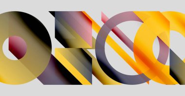 Soyut geometrik bileşim. Üst üste binen şekiller dinamik görsel efekt yaratır. Sıcak renkler baskın, havalı aksanlarla. Modern tasarım.