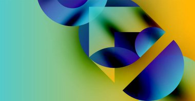 Soyut kompozisyon. Canlı renkler karışıyor, geometrik şekiller oluşturuyor. Akışkanlık, eğim dinamik görsel deneyim yaratır. Modern tasarım.