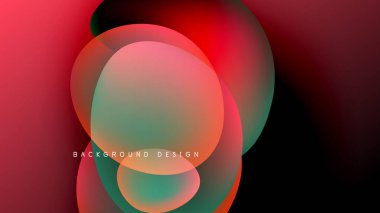 Soyut sıvı şekilleri örtüşür ve canlı renk değişimleri yaratır. Kırmızı, deniz mavisi renkleri koyu arkaplana hakim. Modern tasarım ögesi.