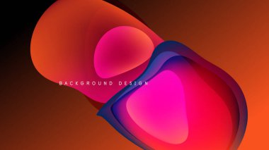Soyut sıvı şekilleri örtüşür ve canlı renk değişimleri yaratır. Tasarım, koyu arkaplana karşı turuncu, pembe, mavi renklere sahiptir.