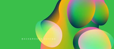 Soyut, enerjik şekiller yeşil arka planla örtüşüyor. Modern tasarım sıvı formları, renkli eğimler, dinamik bileşimler içerir. Arkaplan metni arkaplan tasarımı okur.