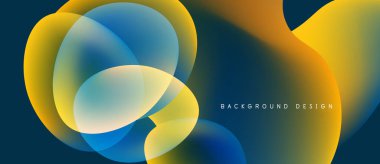 Soyut sıvı şekilleri kesişir. Mavi, sarı, turuncu renkler harmanlanarak dinamik bileşim oluşturuyor. Arka planlar için modern tasarım ögesi.