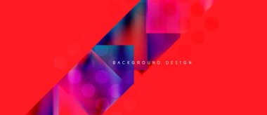 Soyut geometrik tasarım. Morumsu şekilleri, daireleri ve gradyanı olan canlı kırmızı bir arkaplan. Modern estetik, dijital projeler için uygun.