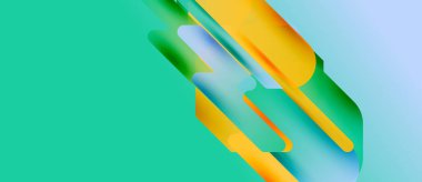 Soyut şekiller örtüşüyor, canlı renk değişimleri yaratıyor. Turkuaz, sarı, yeşil renkler kompozisyona hakim. Modern tasarım elemanları.