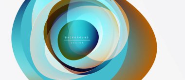 Soyut katmanlar dinamik dairesel tasarım yaratır. Mavi, turuncu, bej renkler harmanlanarak modern fon elementini oluşturuyor. Minimalist metin mevcut.