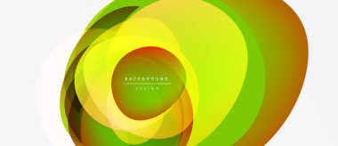 Soyut katmanlar dinamik dairesel bileşim yaratır. Sarılar, yeşiller, portakallar harmanlanarak modern arkaplan tasarımı oluşturur. Minimalist estetik.