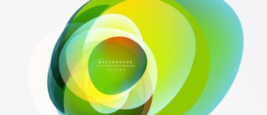 Soyut katmanlı daireler, canlı yeşiller, sarılar, maviler. Modern tasarım ögesi, temiz estetik, merkezi odak noktası.