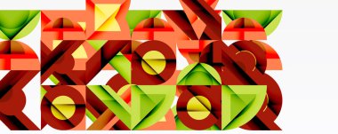 Soyut geometrik bileşim. Şekiller örtüşüyor, dinamik görsel doku oluşturuyor. Renkler kırmızı, yeşil, turuncu, sarı. Modern tasarım.