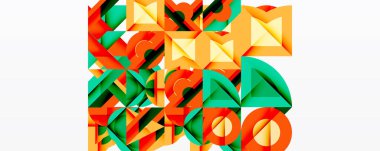 Soyut geometrik şekiller örtüşür, canlı renkli desenler yaratır. Turuncu, yeşil, kırmızı baskın kompozisyon. Modern tasarım.