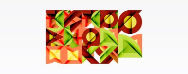 Soyut geometrik şekiller çakışıyor, renkli desenler yaratıyor. Sıcak tonlar yeşil aksanlı kompozisyonda baskın. Modern tasarım.