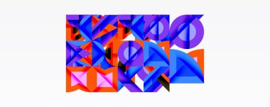 Soyut geometrik şekiller örtüşüyor, canlı mavi, mor, turuncu bileşim oluşturuyor. Modern tasarım, temiz çizgiler, dijital sanat tarzı.