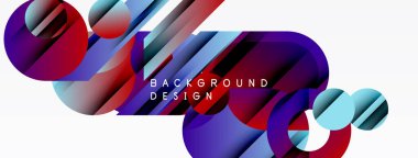 Soyut renkli şekiller çakışıyor. Dinamik bileşim daireler, çizgiler, gradyanlar içerir. Arkaplan ve sunumlar için modern tasarım ögesi.