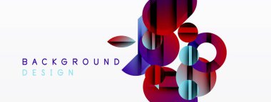 Soyut geometrik şekiller, canlı renkler, modern tasarım. Arka planda daireler, kareler, gradyanlar üst üste biniyor. Minimalist estetik.