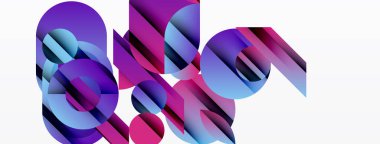 Üst üste binen daireler, gradyanlar içeren soyut kompozisyon. Mor, mavi, pembe renkler dinamik görsel efekt yaratır. Modern tasarım elemanları.