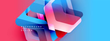 Soyut geometrik şekiller örtüşüyor, canlı renk eğimleri yaratıyor. Pembe geçişler mavi, modern tasarım elementleri sunar.