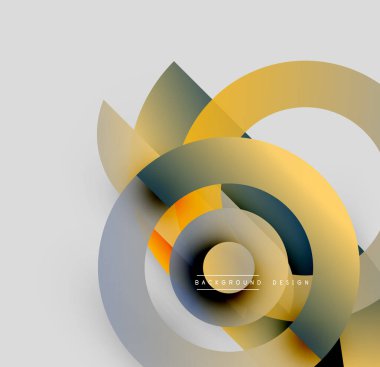 Soyut dairesel tasarım. Üst üste binen katmanlar dinamik görsel efekt yaratır. Sarı, gri, mavi renkler kompozisyona hakim. Modern estetik.