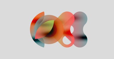 Soyut şekiller örtüşüyor, renkli bulanık şekiller yaratıyor. Yumuşak eğimler hareketi, ışık etkileşimini önerir. Minimalist tasarım, nötr arkaplan.