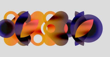 Soyut kompozisyon. Üst üste binen daireler, turuncu, mor renkler dinamik görsel doku yaratır. Yumuşak eğimler, modern tasarım.