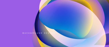 Soyut sıvı şekilleri örtüşür ve canlı renk değişimleri yaratır. Mor arka plan mavi, sarı ve beyaz unsurları tamamlar. Modern tasarım.