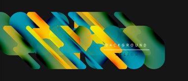 Soyut renkli şekiller koyu arkaplanla örtüşüyor. Modern tasarım elementleri dinamik görsel efekt yaratır. Parlak gradyanlar bileşimi güçlendirir.