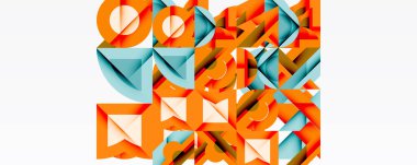 Soyut geometrik şekiller, turuncu, deniz mavisi, bej. Karmaşık bileşim, katmanlı biçimler, modern tasarım, temiz estetik. Minimalist stil.