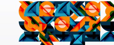 Soyut geometrik şekiller, canlı renkler, dinamik bileşim. Turuncu, deniz mavisi, siyah elementler cesur görsel etki yaratır. Modern tasarım.