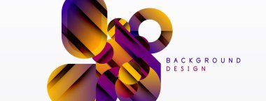 Soyut geometrik şekiller örtüşür, canlı gradyanlar yaratır. Mor, turuncu renkler beyaz alana hakim. Modern tasarım ögesi.