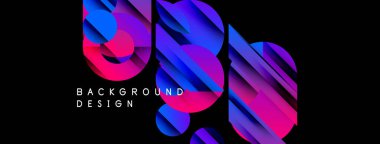 Soyut geometrik şekiller, canlı pembeler, maviler, morlar. Modern tasarım elementleri siyah arkaplan üzerinde. Dinamik bileşim.