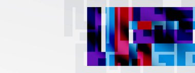 Soyut geometrik şekiller görüntüye hükmediyor. Canlı maviler, morlar, pembeler dinamik kompozisyon oluşturur. Beyaz alan karşıtlık sağlar.