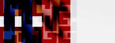 Soyut geometrik şekiller, kırmızılar baskın. Beyaz, mavi aksanlı kompozisyon. Minimalist tasarım, modern estetik.