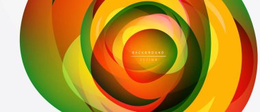 Soyut renkli katmanlar dinamik dairesel desen oluşturur. Parlak turuncu, yeşil, sarı renkler kusursuz bir şekilde harmanlanır. Modern tasarım ögesi.