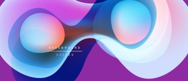 Soyut sıvı şekiller harmanlanarak canlı mor, mavi ve pembe renkler yaratır. Modern tasarım hareketi, enerjiyi, akıcılığı çağrıştırıyor. Arkaplanda metin ögeleri.
